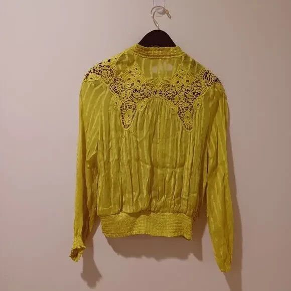 Anthropologie Moira Shirt Peasant Blouse in Chartreuse Yellow Size 6 Lace Boho - Picture 5 of 7